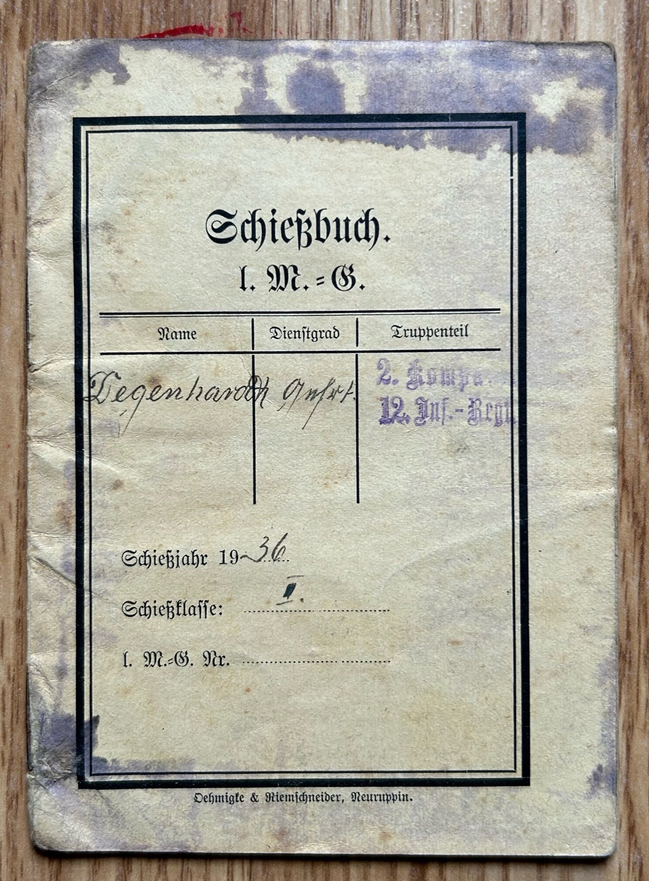 Schiessbuch / Target practice booklet - MG company 12. Regiment