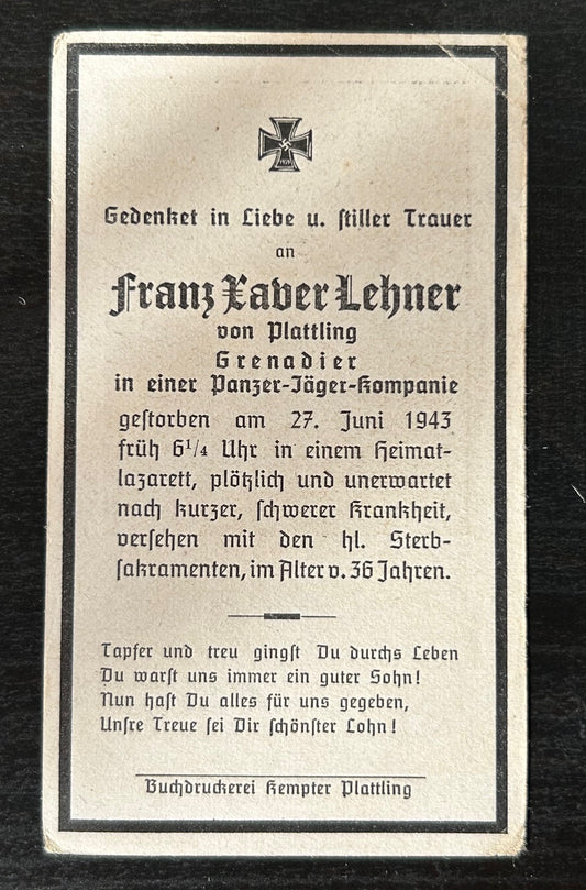 WW2 Death Card - Panzerjäger soldier, KIA June 43