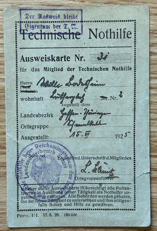 Weimar period German TeNo ID card