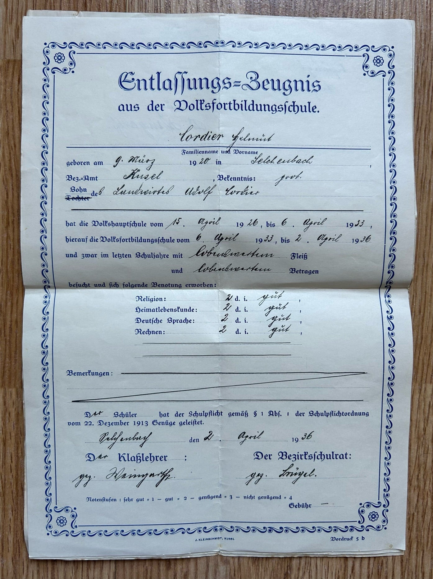 1936 High school completion certificates - Rhineland student