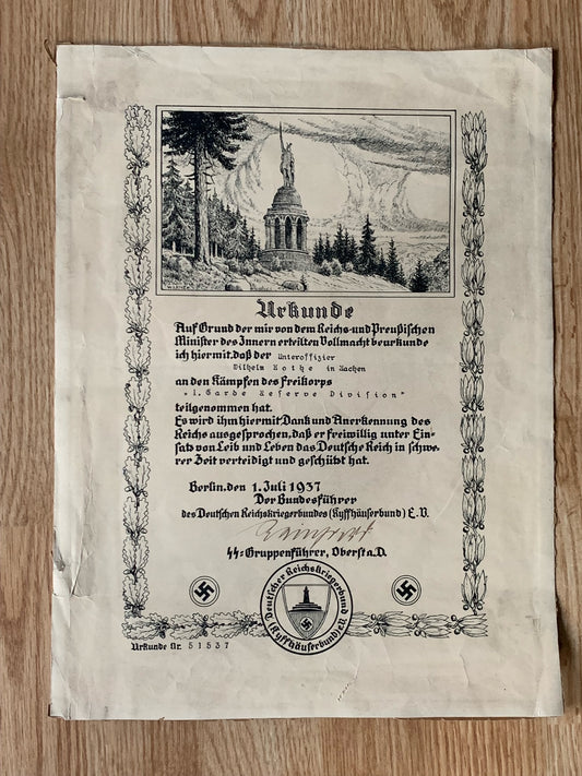 Veteran’s Association award certificate - SS officer signature 1937