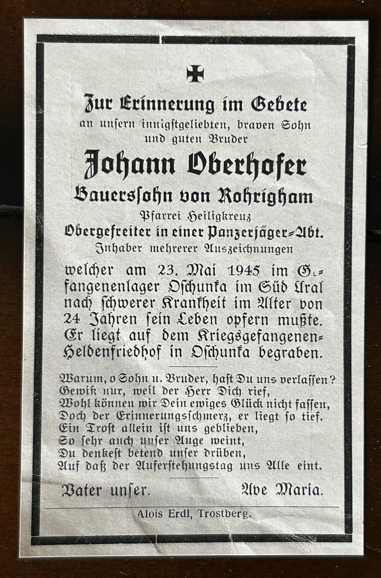 WW2 Death Card - Panzerjäger, dies in Soviet captivity