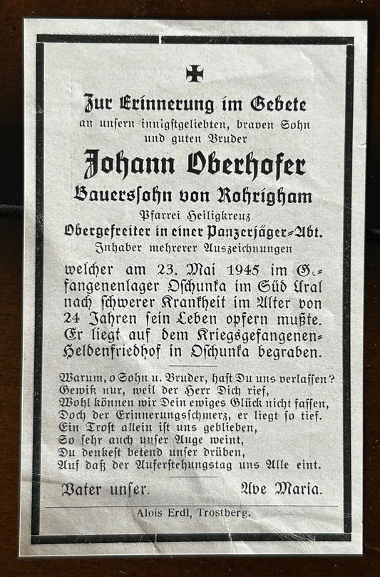 WW2 Death Card - Panzerjäger, dies in Soviet captivity