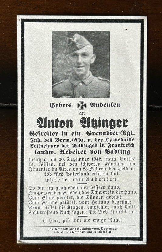 WW2 German Death card -veteran grenadier, Dec 42
