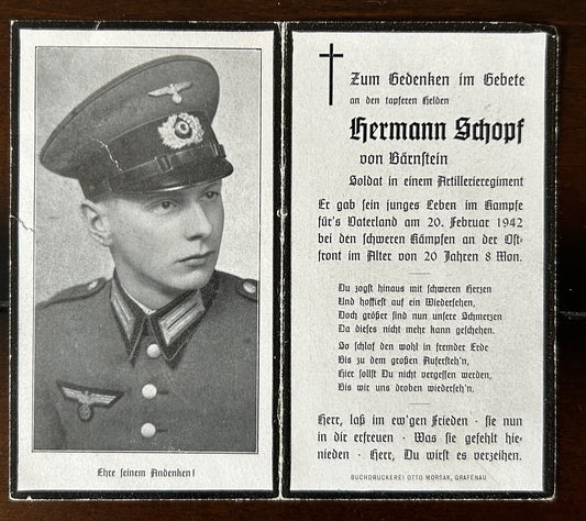 WW2 German Death Card - Artillery soldier, KIA Feb 1942