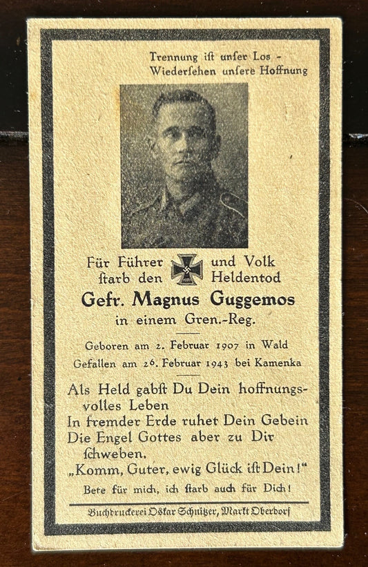 WW2 Death Card - Infantryman, KIA Ukraine Feb 1943