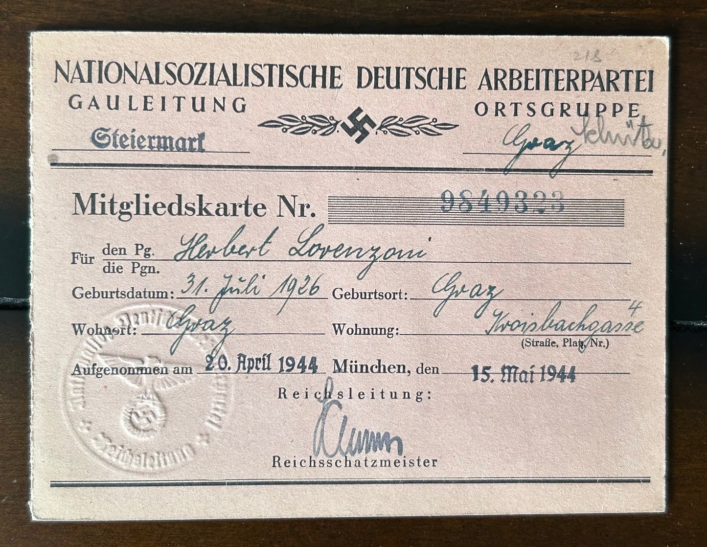 NSDAP membership card - 17 year old Austrian, 1944