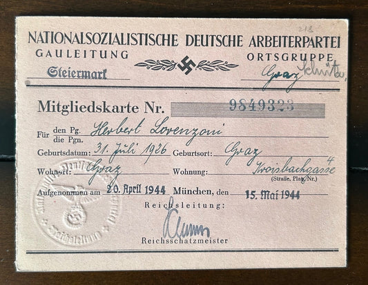 NSDAP membership card - 17 year old Austrian, 1944