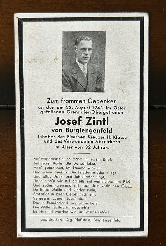 WW2 Death Card - Decorated infantryman KIA Aug 43