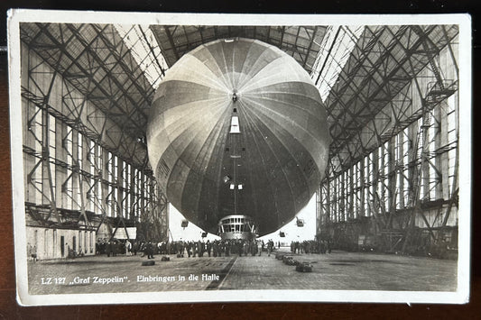 Graf Zeppelin airship brought into its hangar photo postcard