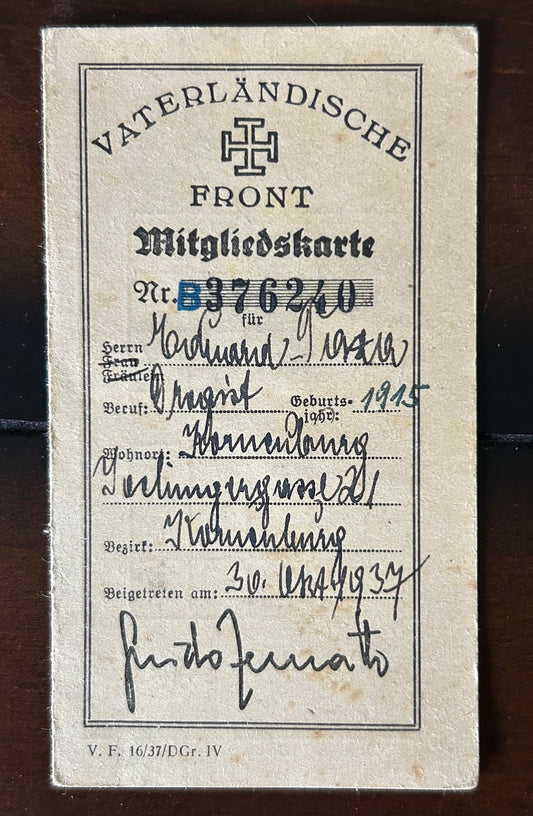 Austrian 1937 Fatherland Front membership card