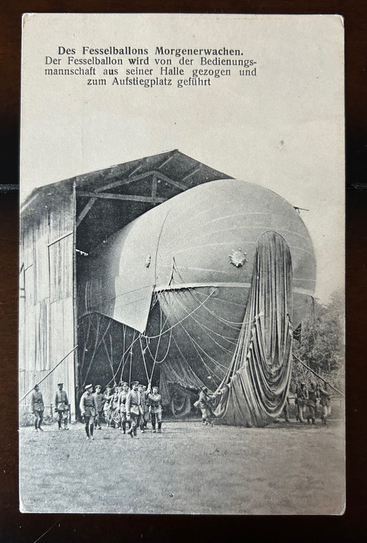WW1 photo postcard - Artillery observer balloon in hangar
