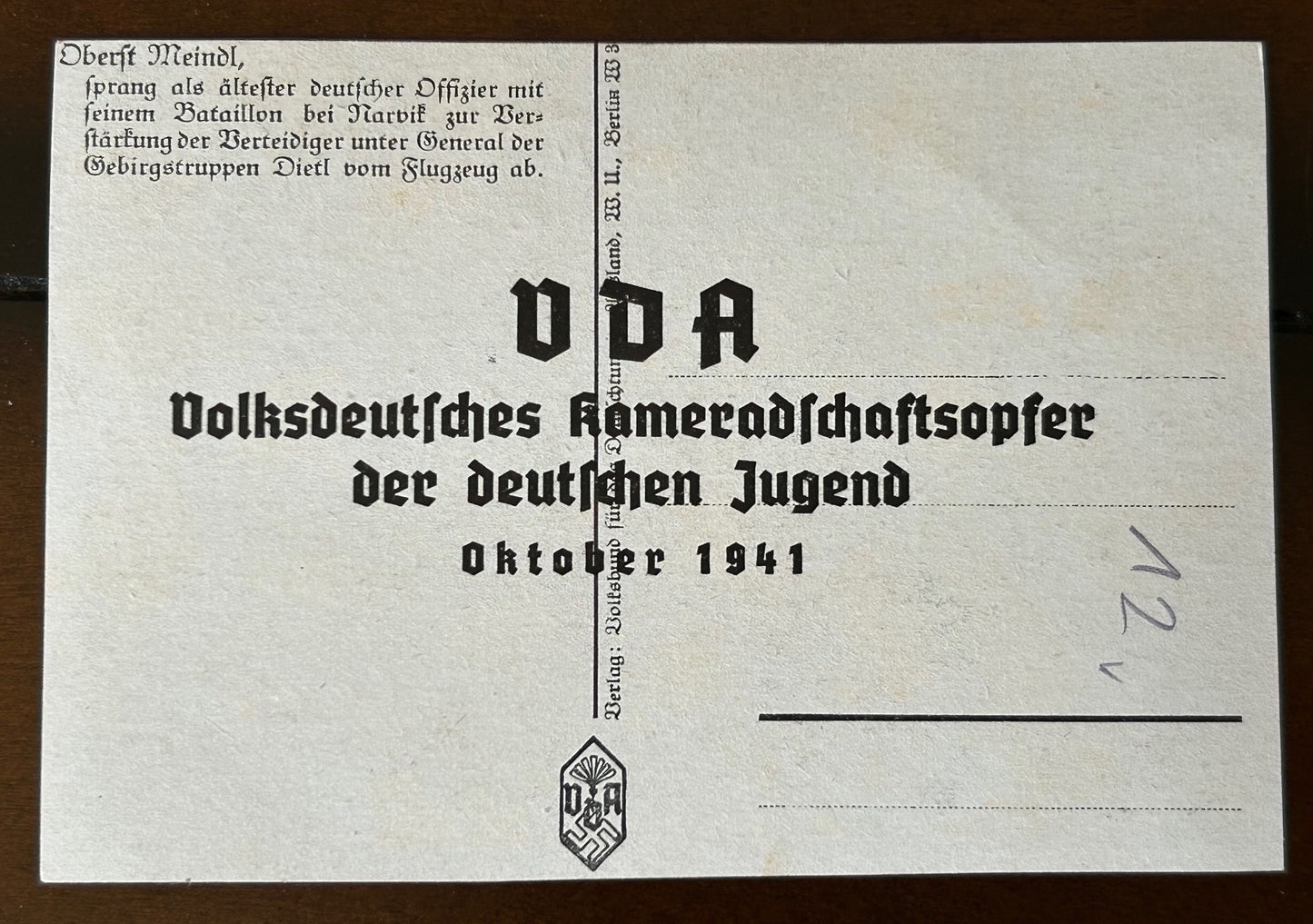 Artwork postcard - Colonel Meindl, VDA stamped 1941
