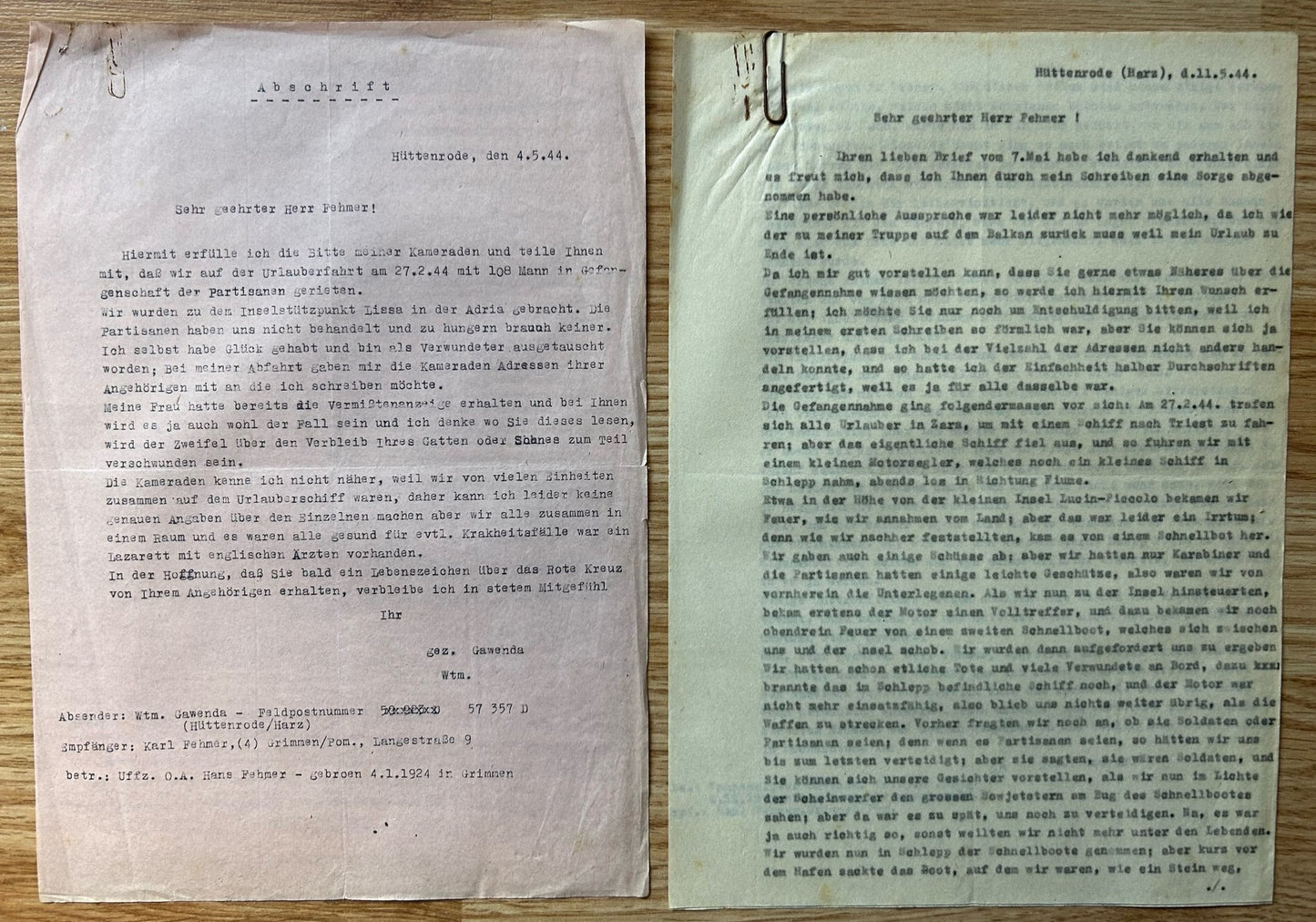 Document grouping - German POW / KIA, Yugoslavia 1944