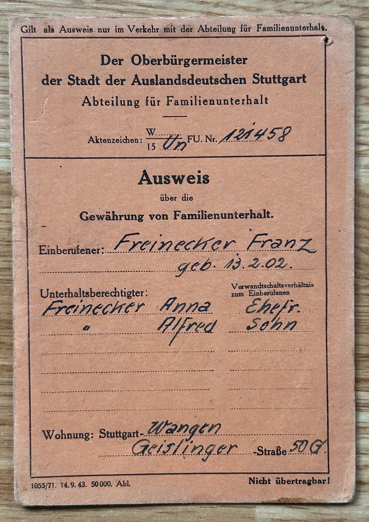 Bombing compensation card - Stuttgart 1943