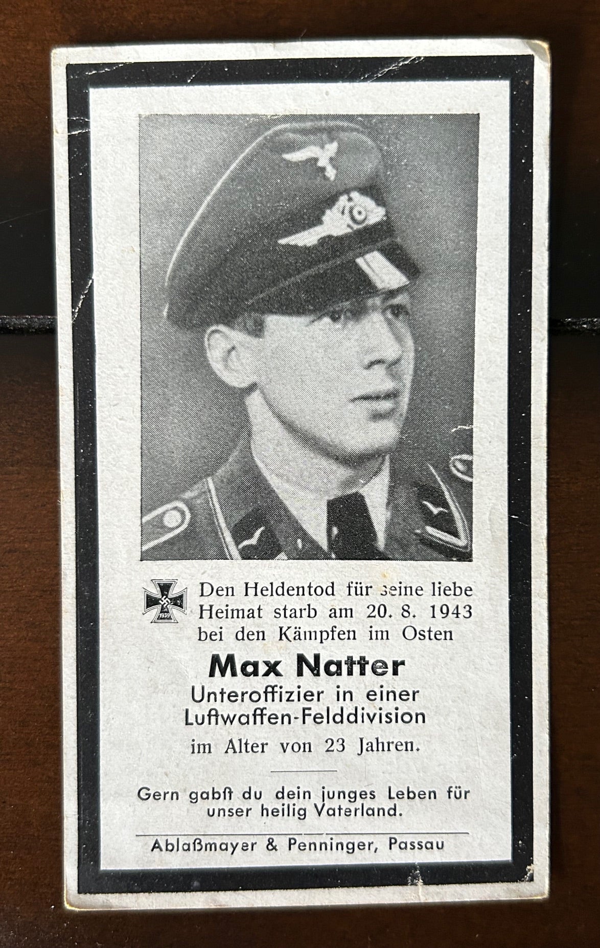 WW2 German Death Card - Luftwaffe NCO, KIA 43