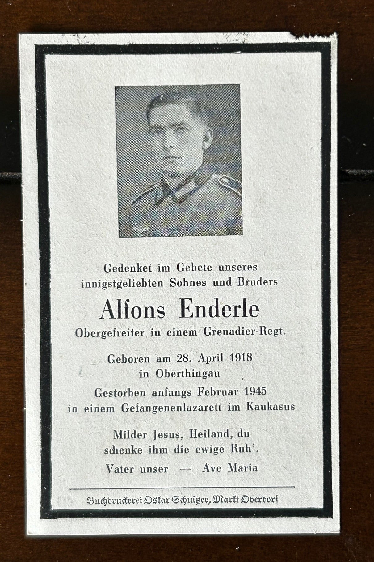 WW2 Death Card - POW, dies in Soviet captivity Feb 45