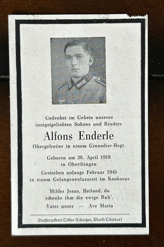 WW2 Death Card - POW, dies in Soviet captivity Feb 45