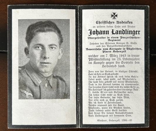 WW2 Death Card - Decorated panzer grenadier, KIA 43