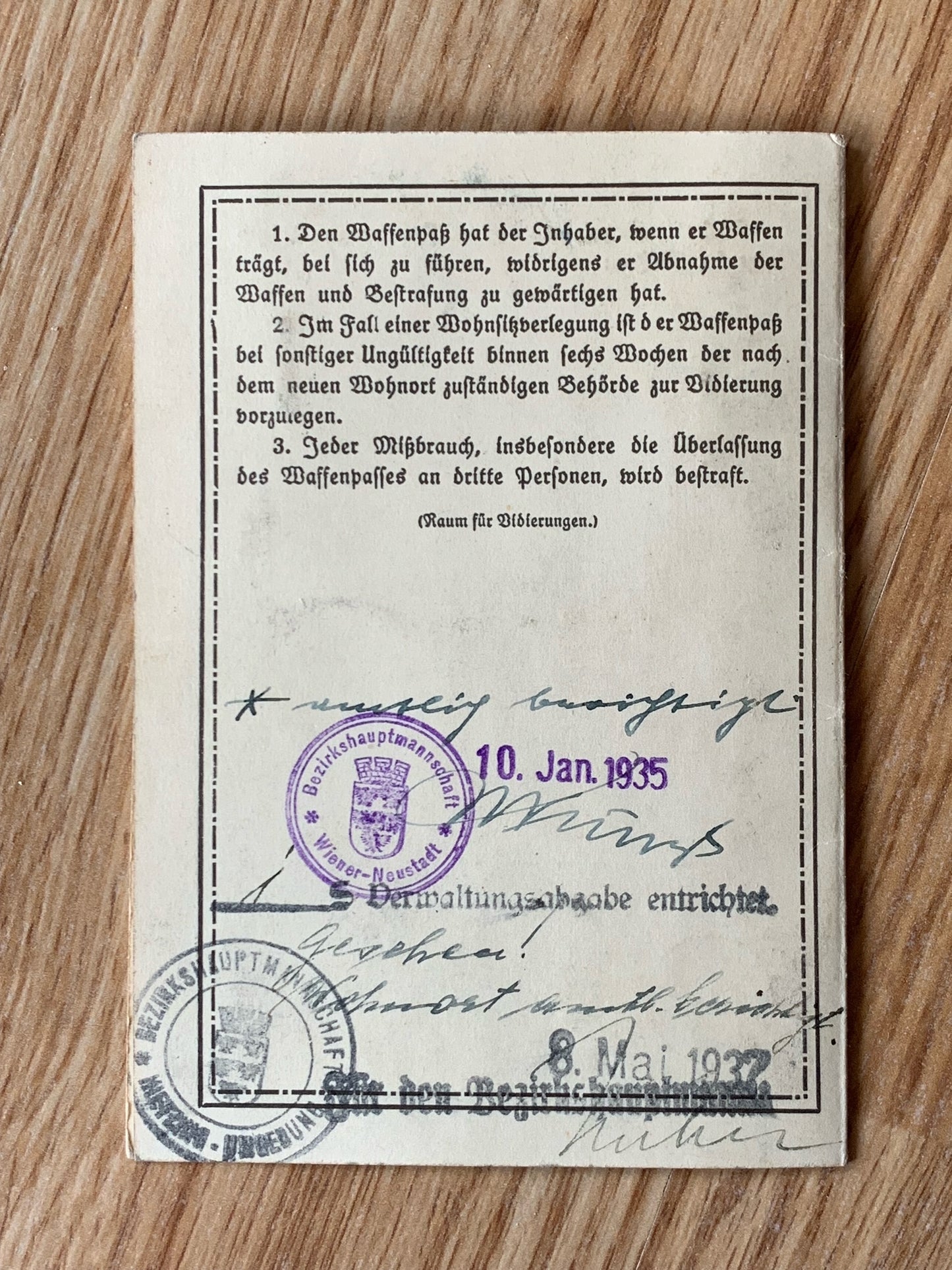 Austrian 1935 Waffenpass / Gun license