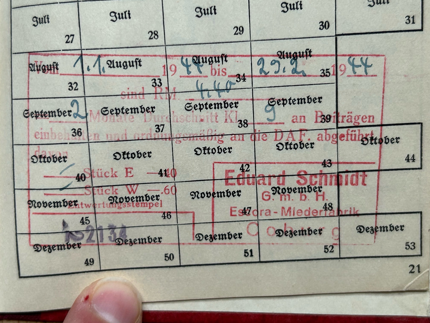 DAF membership booklet, contribution stamps 1935 - 1945