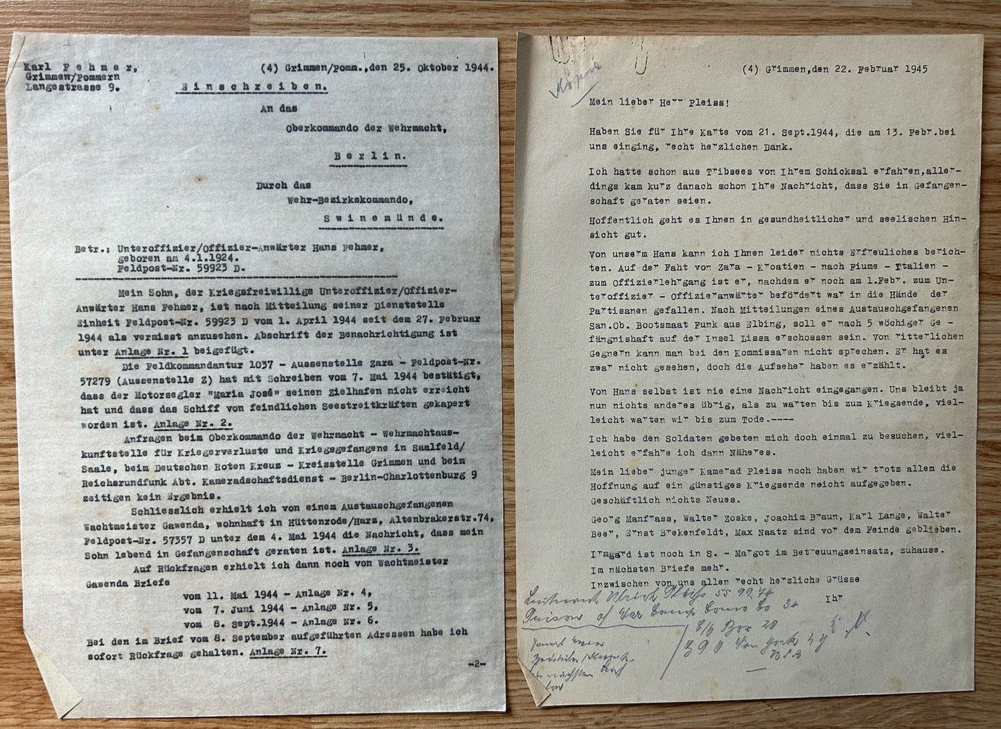 Document grouping - German POW / KIA, Yugoslavia 1944
