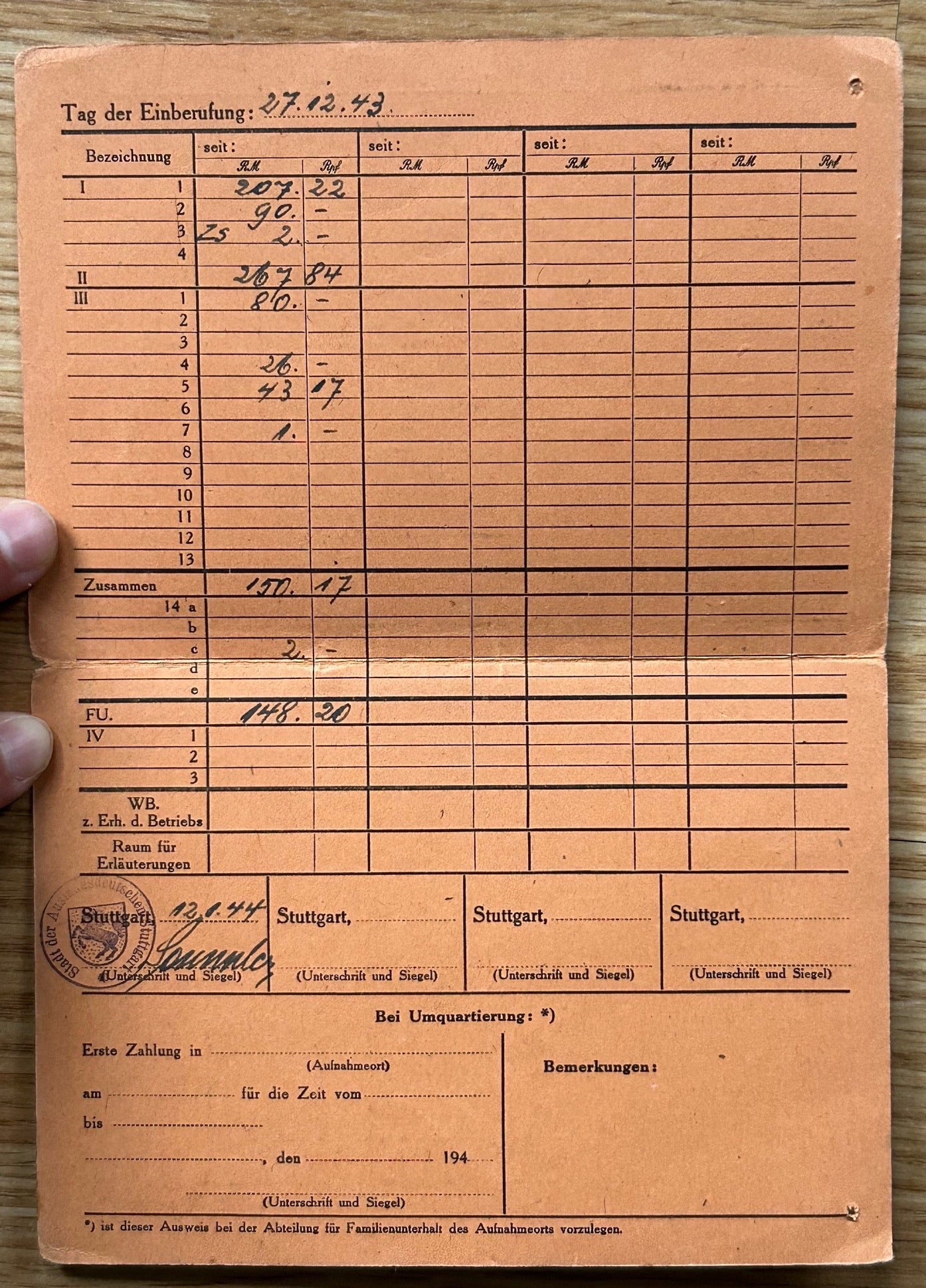 Bombing compensation card - Stuttgart 1943