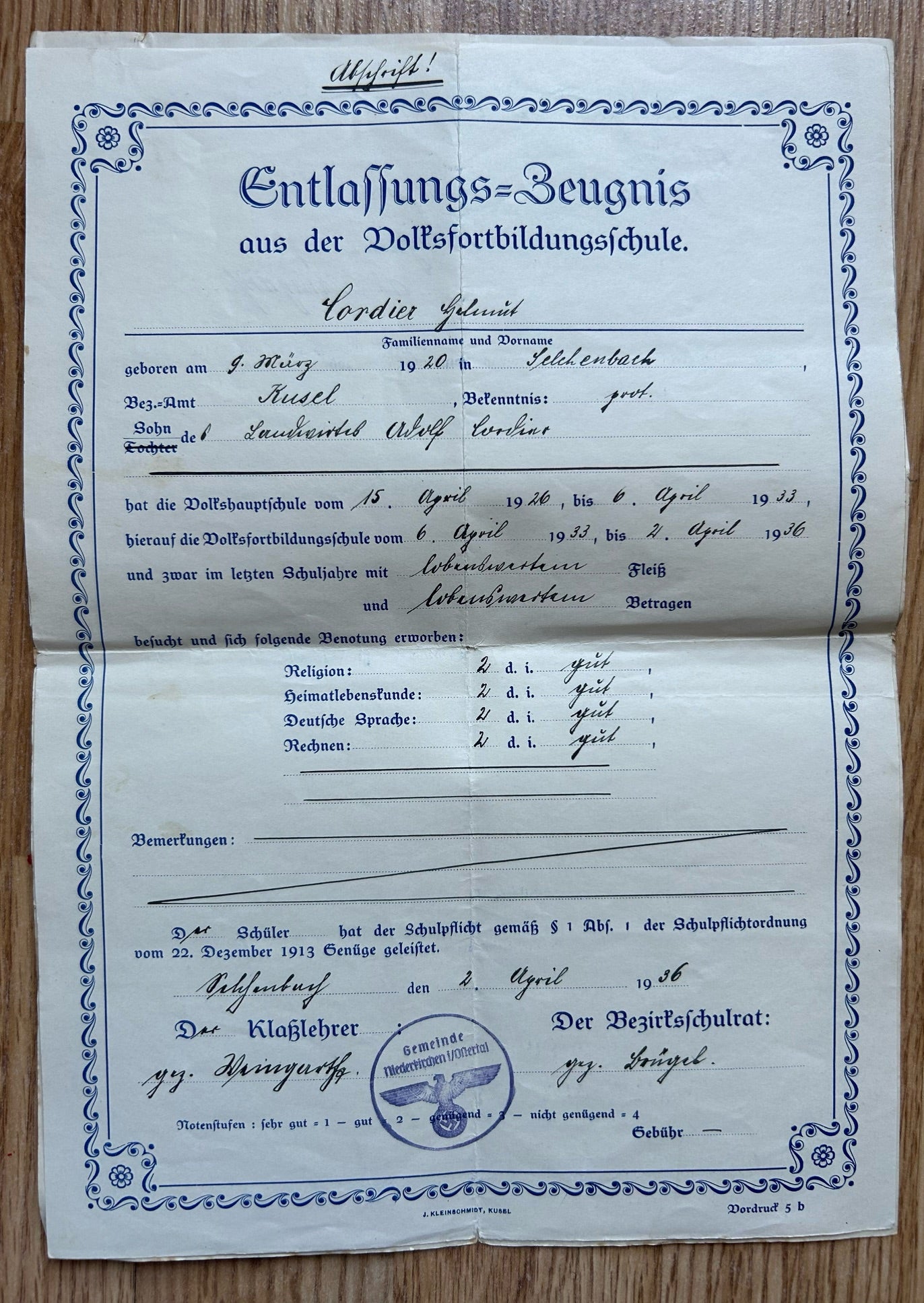 1936 High school completion certificates - Rhineland student
