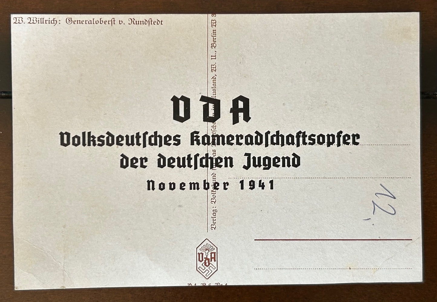 Artwork postcard - Field Marshal v. Rundstedt, VDA stamped 1941
