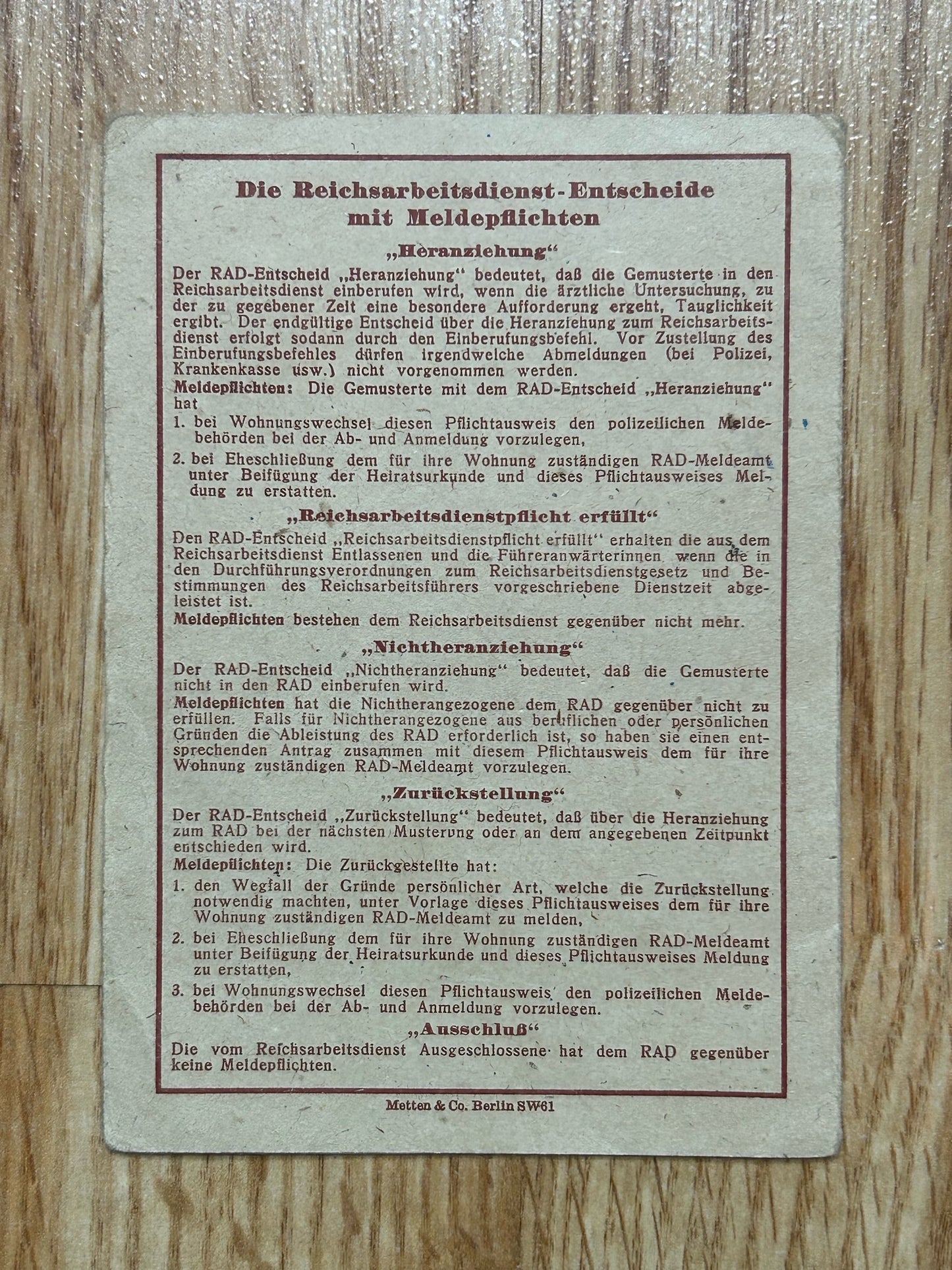 RAD ID card - Austrian Female member, military service 1944-45