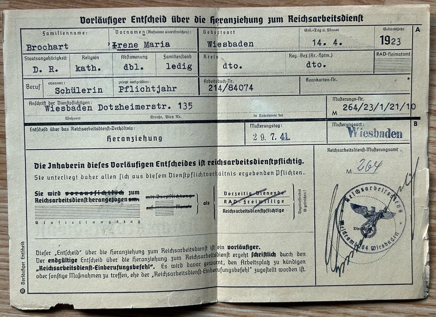 RAD registration card - female member, Wiesbaden 1941
