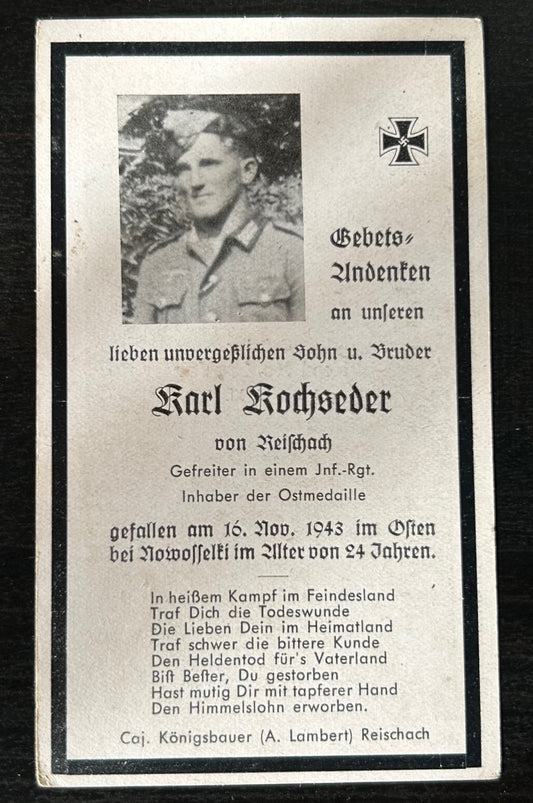 WW2 Death Card - Infantry soldier, KIA Nov 43