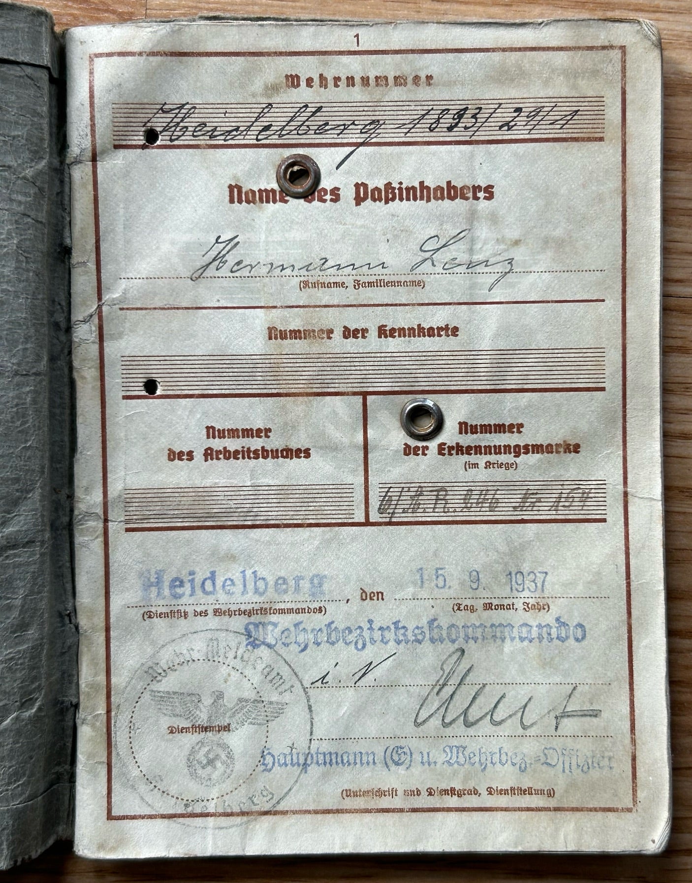 Wehrpass - WW1 veteran / Westwall service 1939