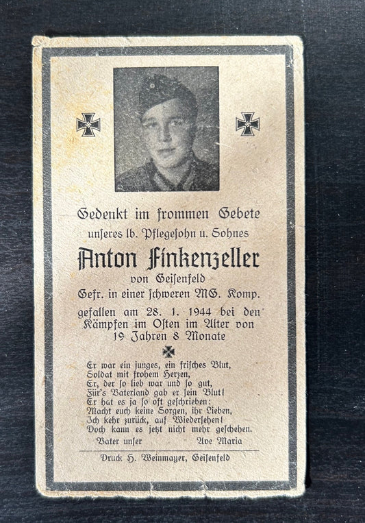 WW2 Death Card - Teen machine gunner, KIA Jan 44