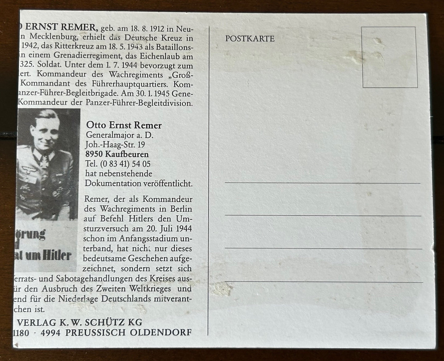 Autographed photo - General Remer, July 20th plot officer