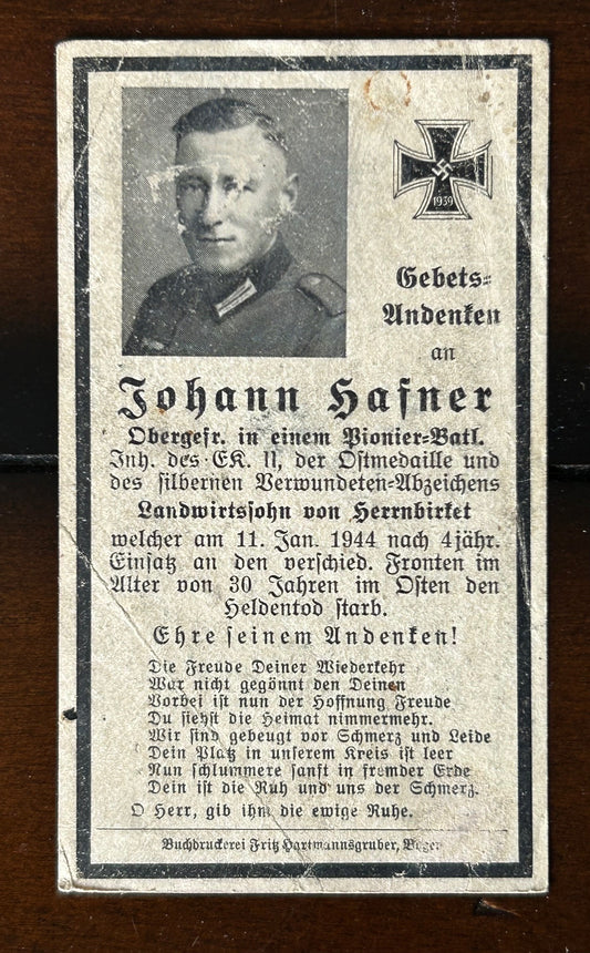 WW2 Death Card - Decorated combat engineer, KIA 1944