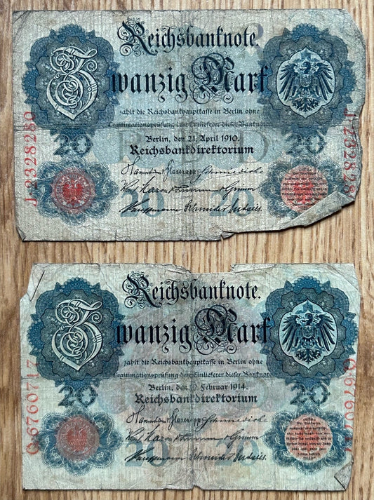 Pair of 20 Marks - WW1 German banknotes