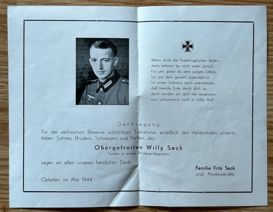 WW2 Death notice - Signals soldier in an artillery unit, May 44