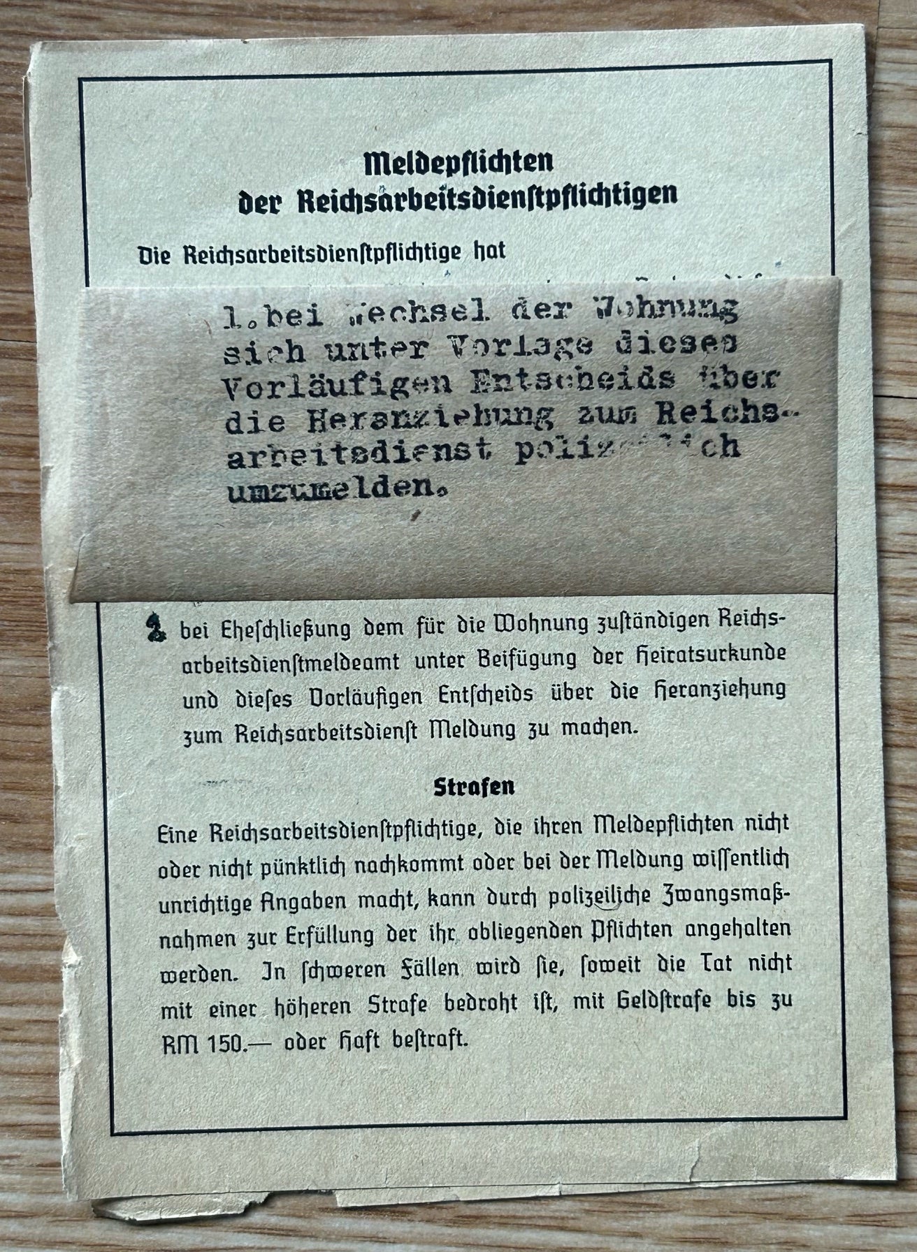 RAD registration card - female member, Wiesbaden 1941