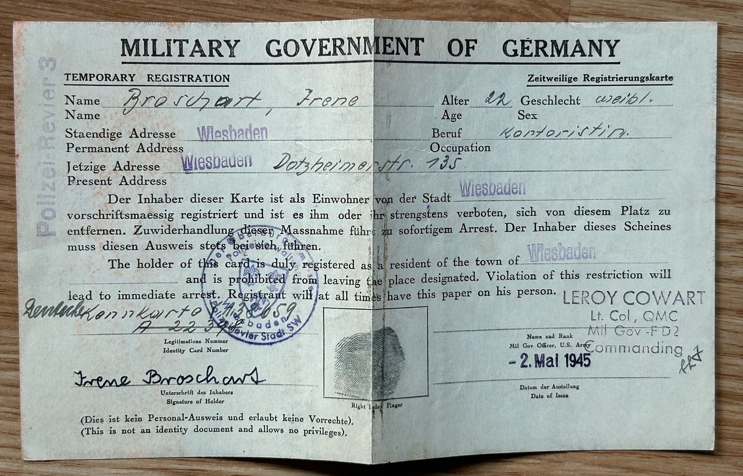 RAD registration card - female member, Wiesbaden 1941