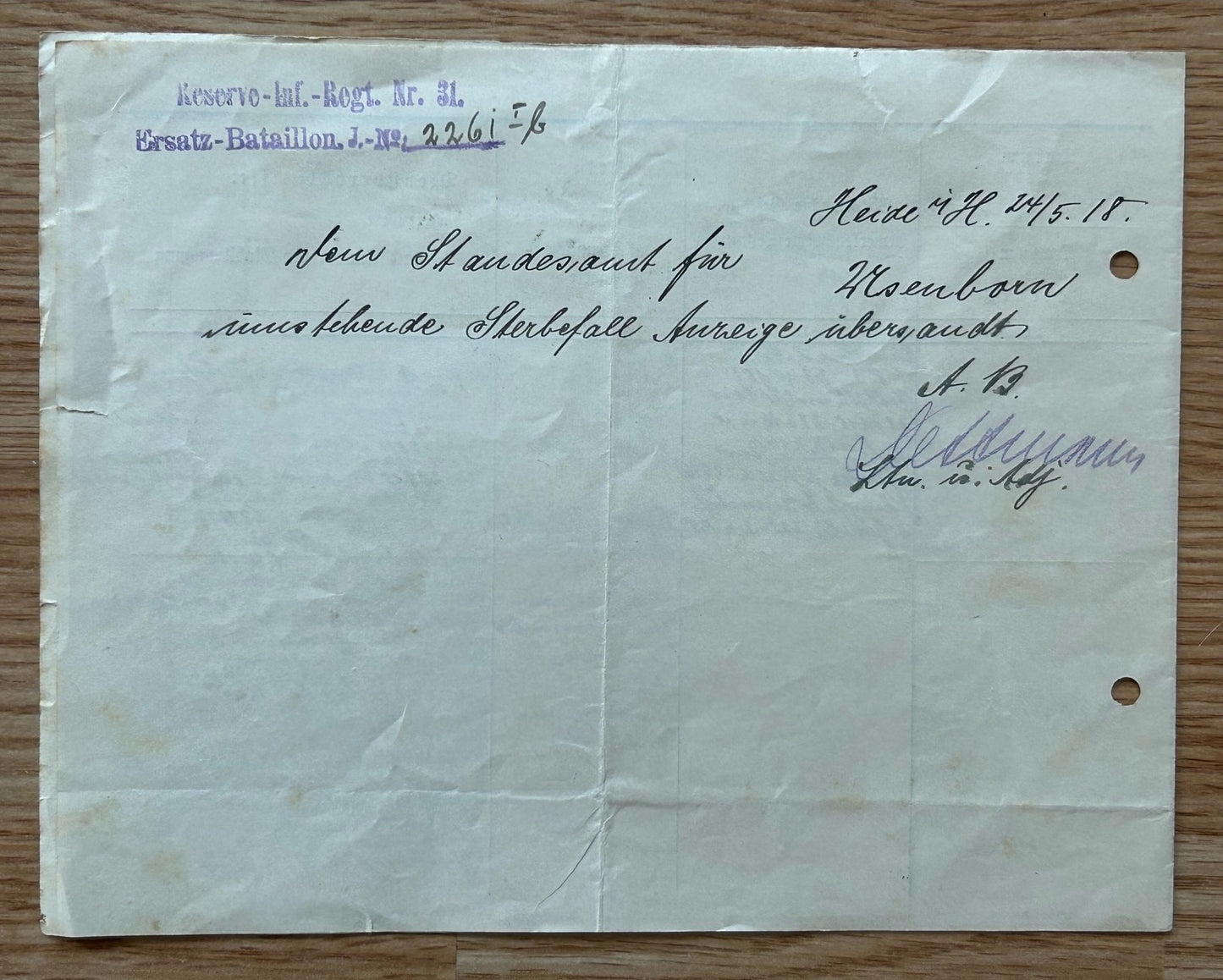 WW1 War Records document - Decorated officer KIA 1918