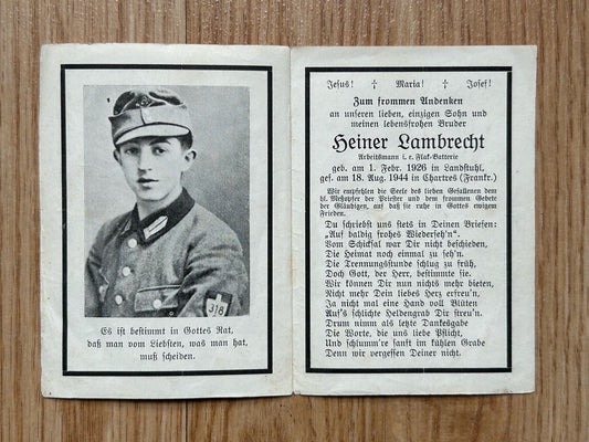WW2 Death Card - RAD Flak soldier, KIA France Aug 1944