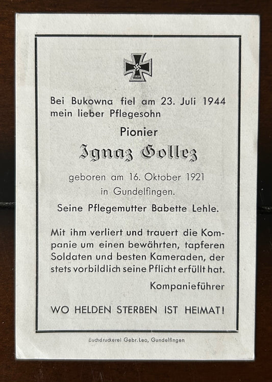 WW2 German Death Card - Combat engineer 1944