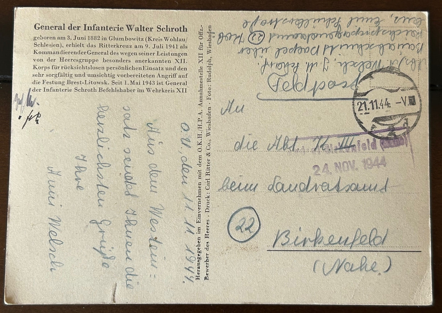 Photo postcard - General Schroth, Feldpost mailed 1944