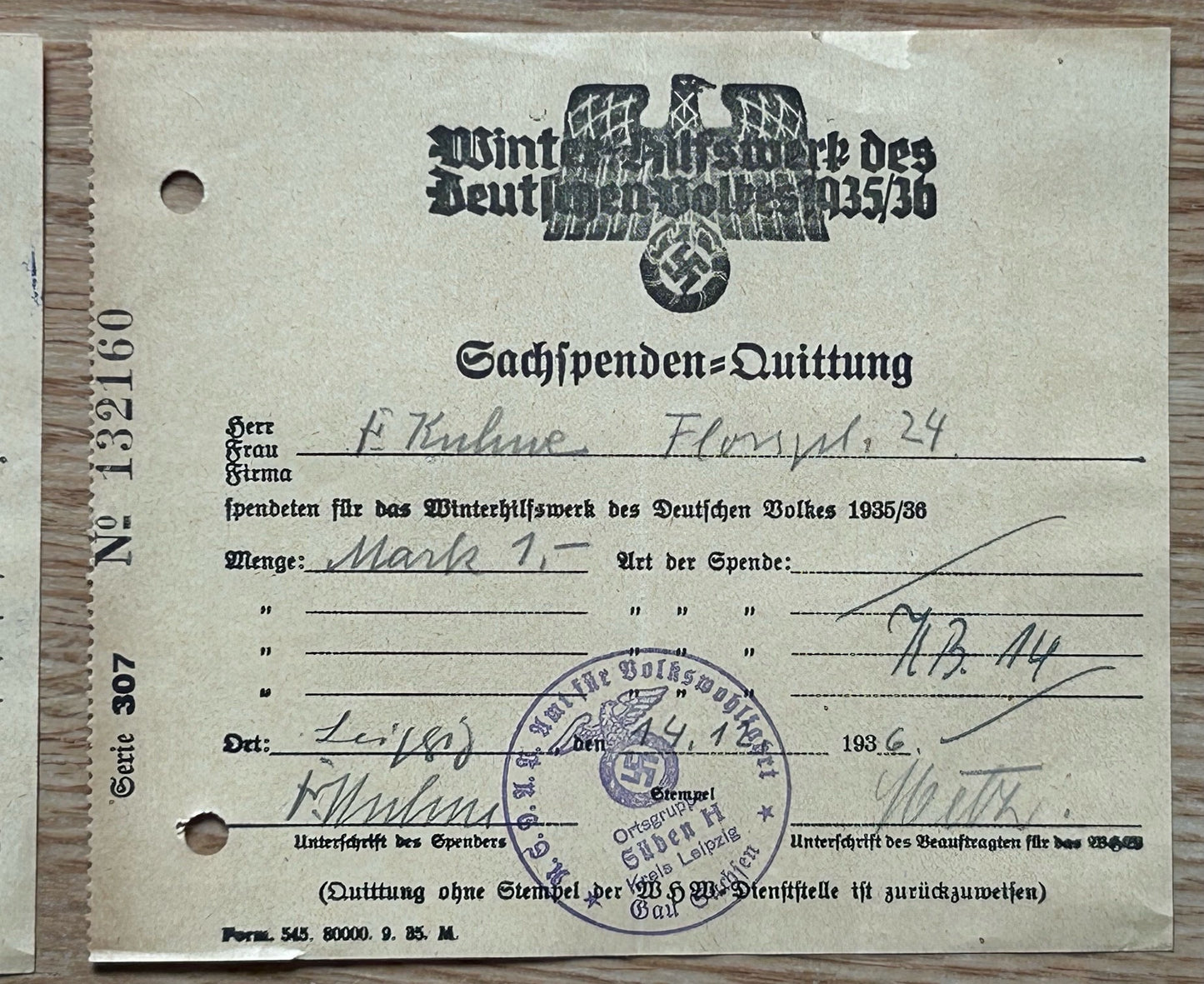 WHW donation receipts 1936