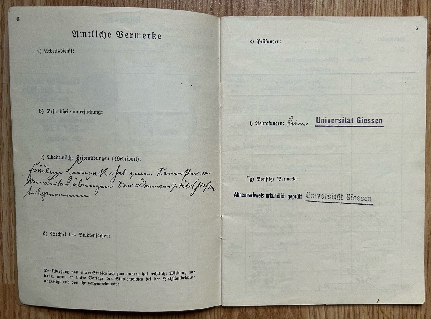 Studienbuch - Female medical student grade book 1934-39