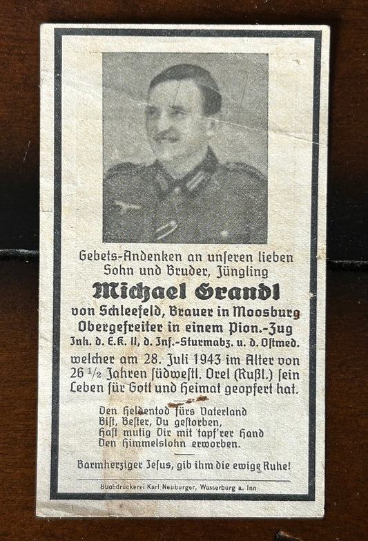 WW2 Death Card - Decorated combat engineer, KIA Jul 43