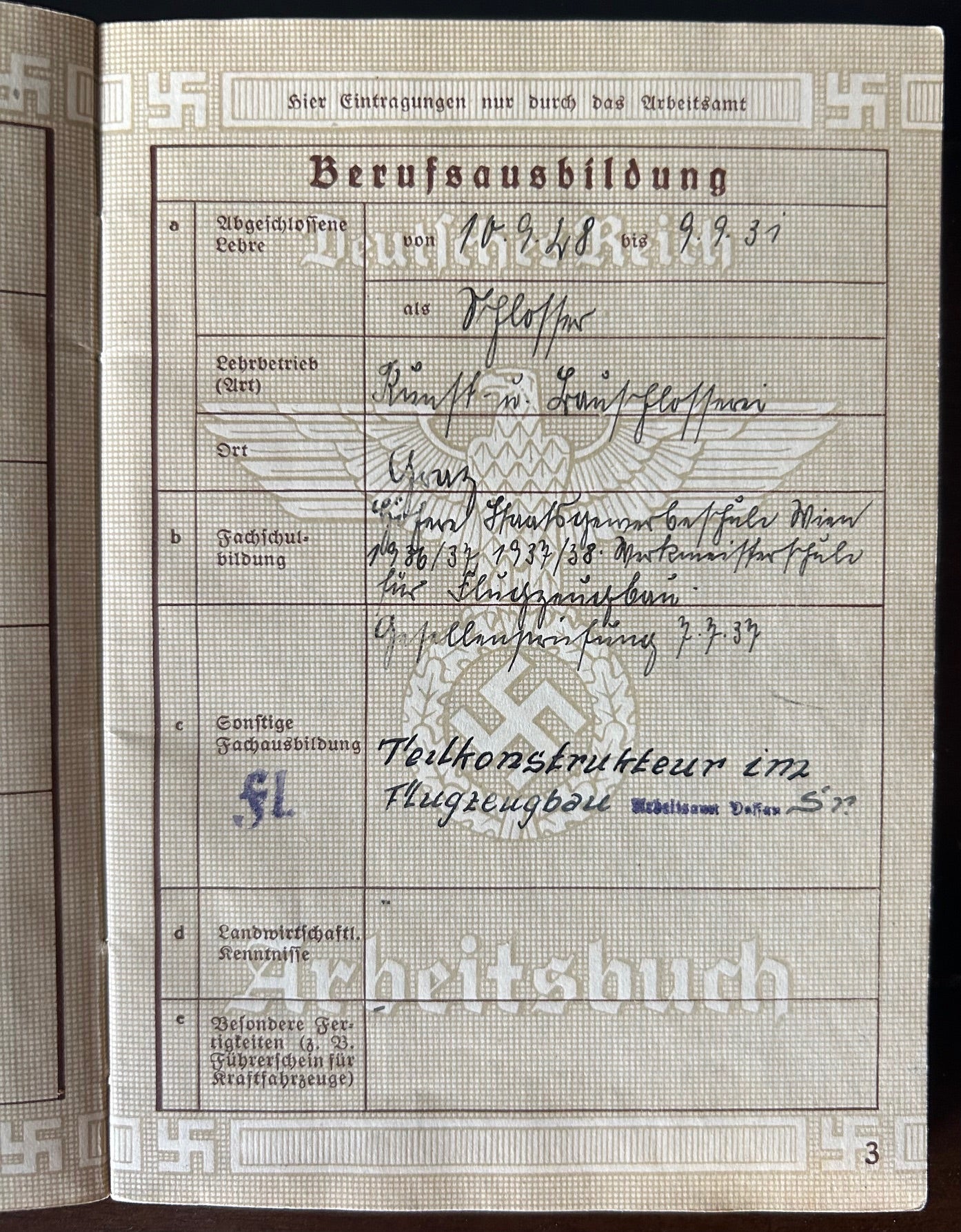 Arbeitsbuch - Junkers and BMW factory employee 1939-45