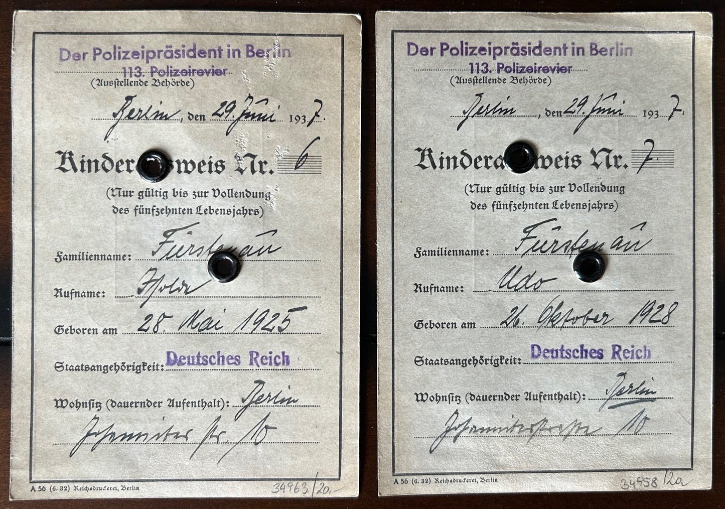 Pair of Kinderausweis - 1937 child ID’s, Berlin siblings
