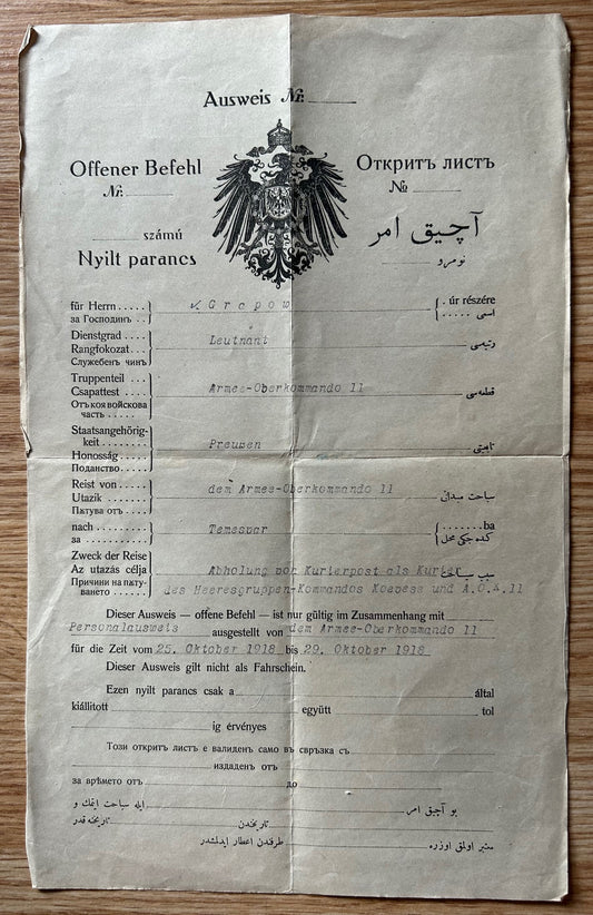 WW1 German ID / orders sheet - officer, October 1918